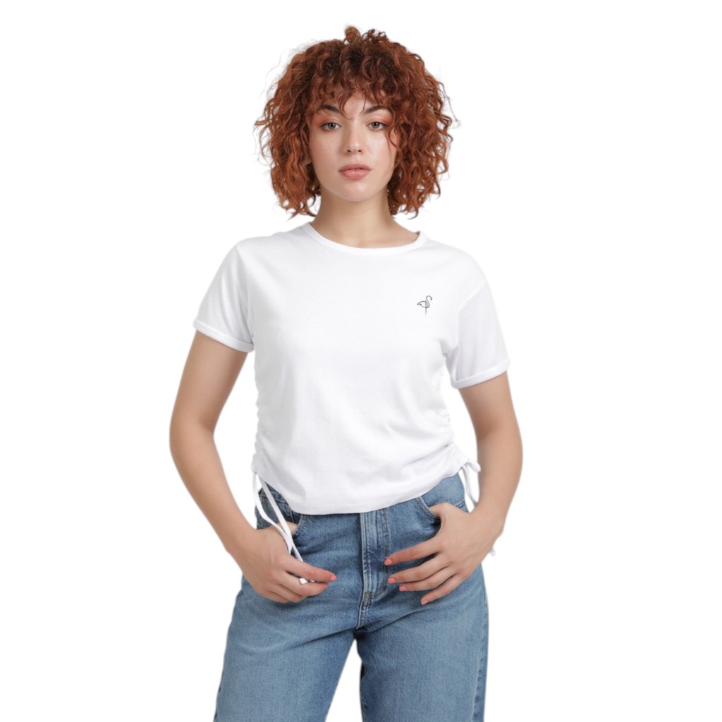 T-shirt côtelé femme manches courtes avec cordon de serrage