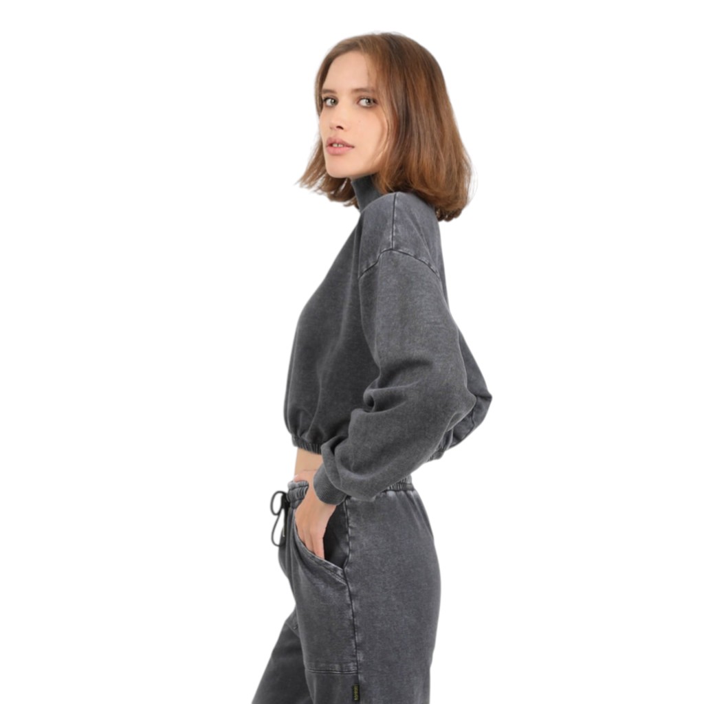 Sweat crop délavé femme col cheminé