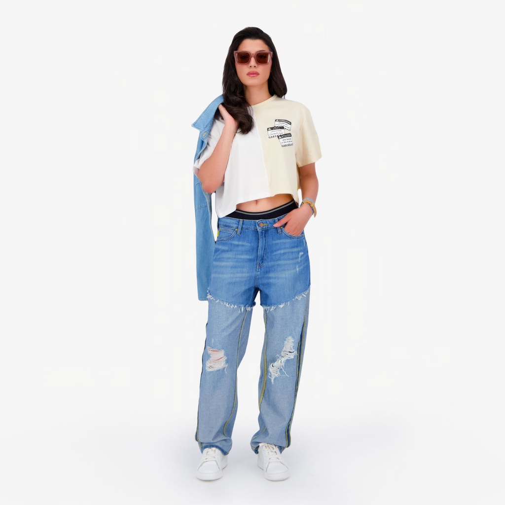 Upcycling t-shirt crop femme manches courtes POSTCARD &amp; WARNING VERSION 1