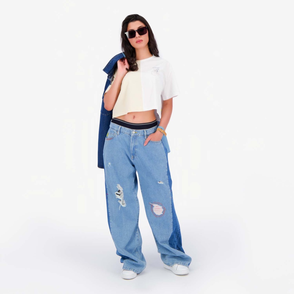 Upcycling t-shirt crop femme manches courtes POSTCARD &amp; WARNING VERSION 2