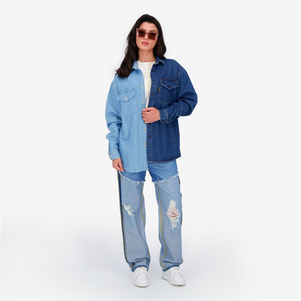 Upcycling chemise oversized femme en jeans bi-couleur - SHER V1