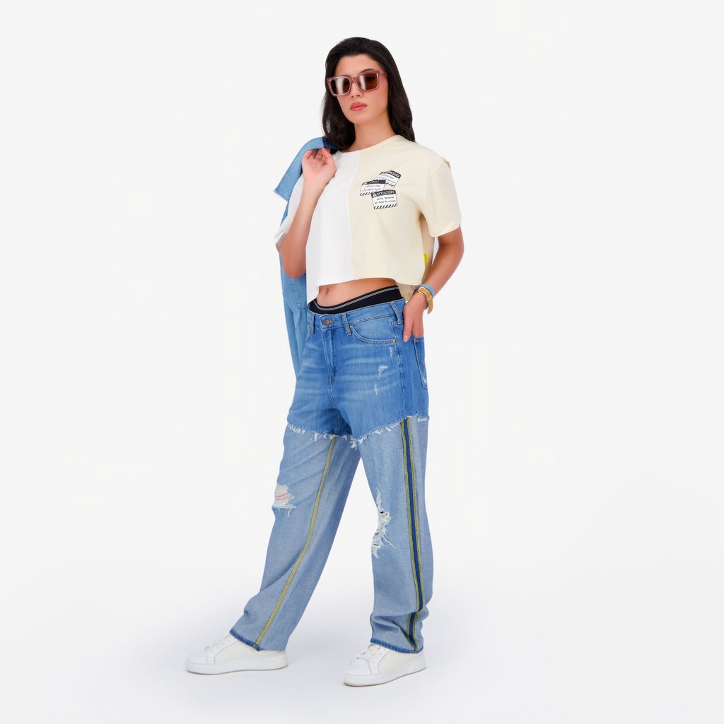 Upcycling straight jeans femme bi-couleur - SARRA