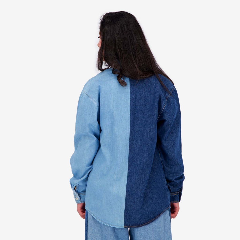 Upcycling chemise oversized femme en jeans bi-couleur - SHER V2