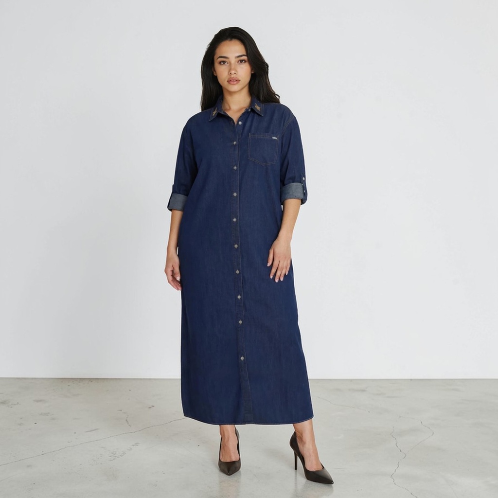 Robe chemise longue femme en jeans avec broderie