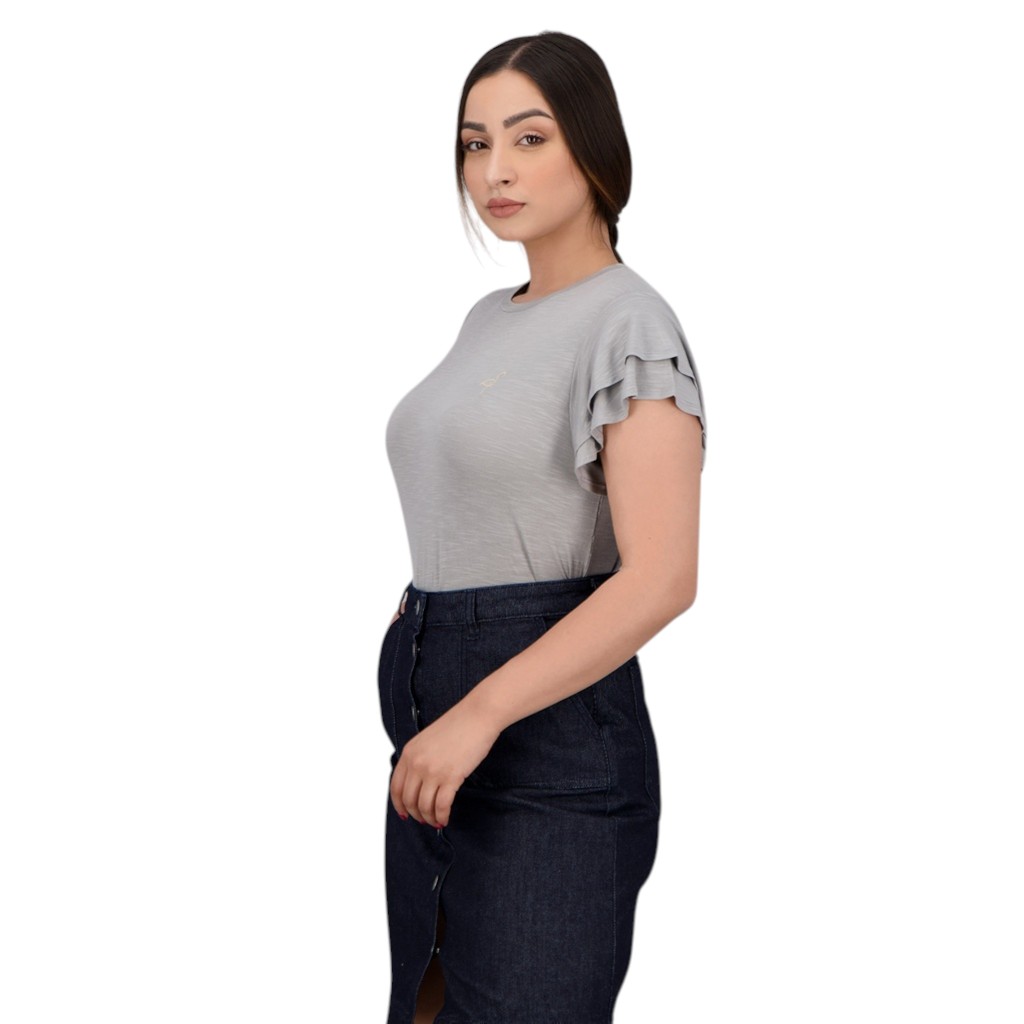 T-shirt femme manches courtes avec volant et broderie