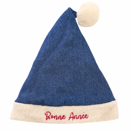 [01-010-56-01-K020-L] Bonnet en jeans avec fourrure et broderie bonne année (L)