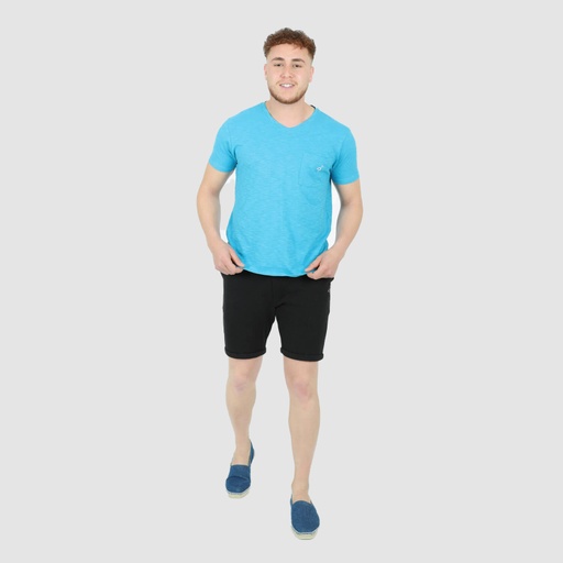[05-010-02-342-K010-L] T-shirt flammé homme manches courtes col V avec poche poitrine (Bleu, L)