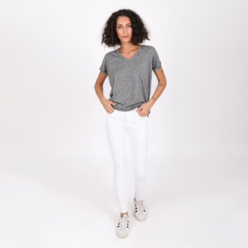 [05-010-02-344-K403-L] T-shirt femme col V manches courtes en lin (Noir Chiné, L)