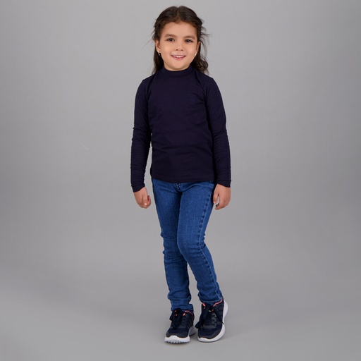 [05-010-02-406-K015-10A] Pull col cheminée fille manches longues en jersey avec broderie (Bleu Marine, 10A)