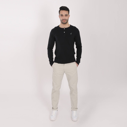 [05-010-02-415-K040-3XL] T-shirt homme côtelé manches longues col tunisien avec broderie (Noir, 3XL)