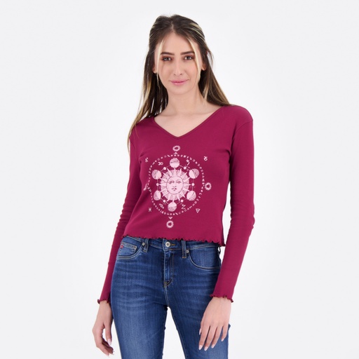 [05-010-02-418-K050-L] T-shirt col V femme côtelé manches longues soleil (Rouge  Bordeaux, L)
