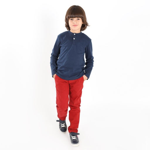 [05-010-02-420-K015-10A] T-shirt garçon côtelé manches longues col tunisien (Bleu Marine, 10A)