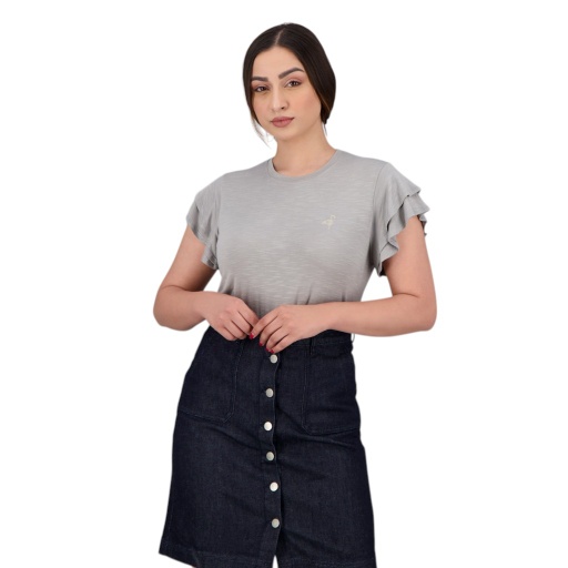 [05-010-02-441-K007-L] T-shirt femme manches courtes avec volant et broderie (Gris, L)