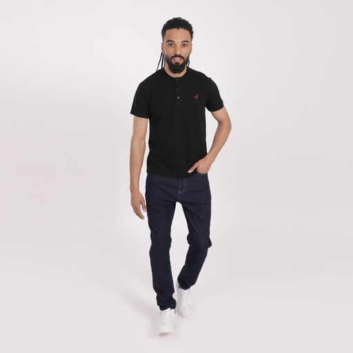 [05-010-02-460-K040-3XL] T-shirt homme manches courtes col tunisien en piqué (Noir, 3XL)
