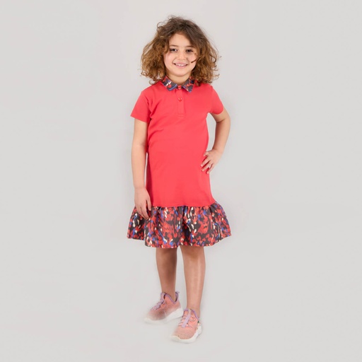 [05-010-17-018-K559-10A] Robe polo fille manches courtes avec volant (Orangé/Imprimé tache de couleur , 10A)