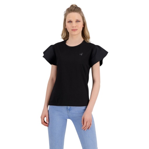 [05-010-02-479-K040-L] T-shirt femme manches courtes avec volant et broderie (Noir, L)