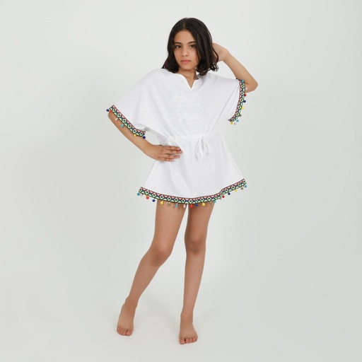 [05-010-99-002-K000-10A] Cache maillot fille avec pompons (Blanc, 10A)