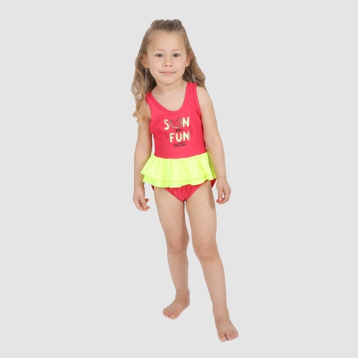 [05-010-13-031-K639-12M] Maillot bébé avec volant SUN &amp; FUN (Rose Fuschia &amp; Jaune Fluo, 12M)