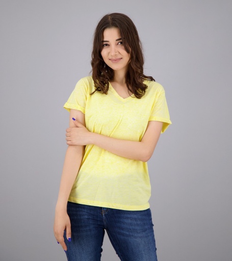 [05-010-02-344-K647-L] T-shirt femme col V manches courtes en lin (Jaune Chiné, L)
