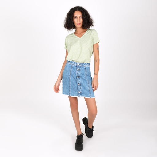 [05-010-02-344-K648-L] T-shirt femme col V manches courtes en lin (Vert Chiné, L)