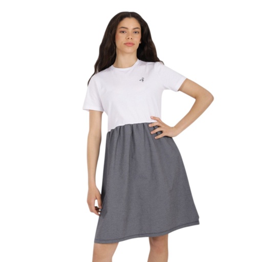 [05-010-17-045-K788-L] Robe midi femme manches courtes bi-matières (Blanc &amp; Bleu Marine, L)