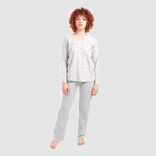 [05-010-16-224-K812-L] Pyjama femme col V manches longues avec poche (Gris Chiné &amp; Gris Imprimé Cerise, L)