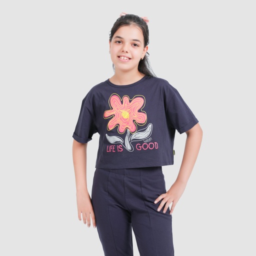 [05-010-02-274-K015-10/12A] T-shirt crop fille manches courtes avec revers LIFE IS GOOD (10/12A)