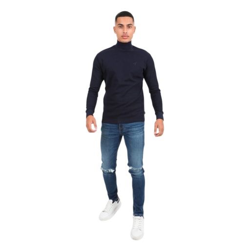 [05-010-02-289-K015-L] T-shirt homme col cheminé avec broderie (Bleu Marine, L)