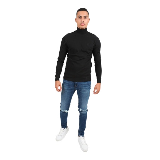 [05-010-02-289-K040-L] T-shirt homme col cheminé avec broderie (Noir, L)