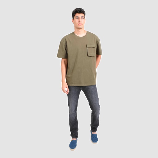 [05-010-02-244-K133-L] T-shirt oversized homme manches courtes avec poche soufflet (Vert kaki, L)