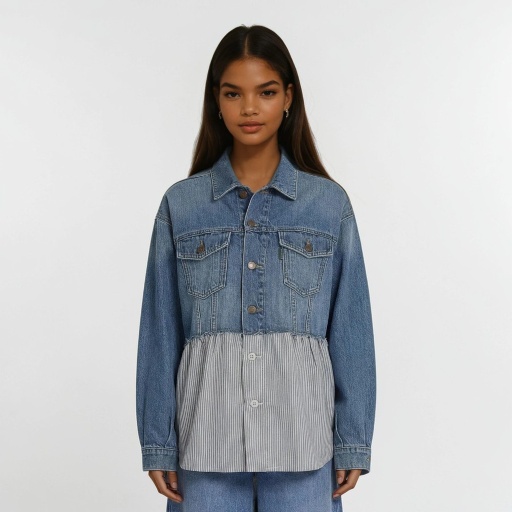 [01-010-10-046-K419-L] Regular jacket femme en jeans Bi-Matière   -KINDA (Jeans  Bleu Moyen, L)
