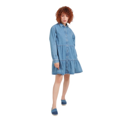 [01-010-78-003-K419-L/XL] Robe chemise femme a volants en jeans- RAFLA (L/XL)