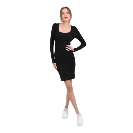 [05-010-17-081-K040-L] Robe moulante femme col carré en maille fine (Noir, L)