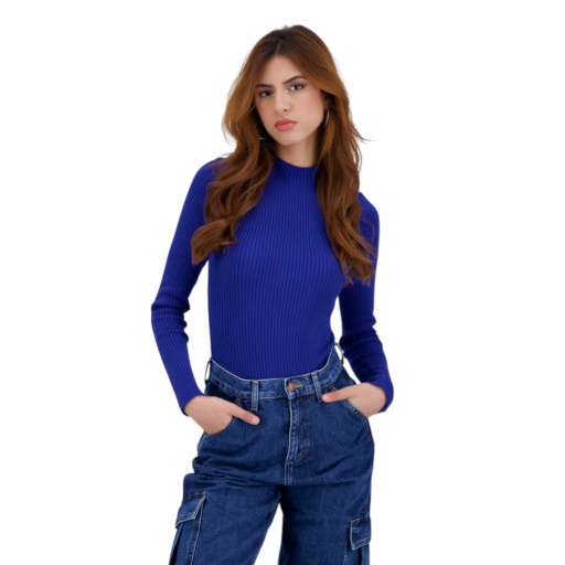 [05-010-03-061-K134-L] Body femme col cheminé en maille fine (Bleu Roi, L)