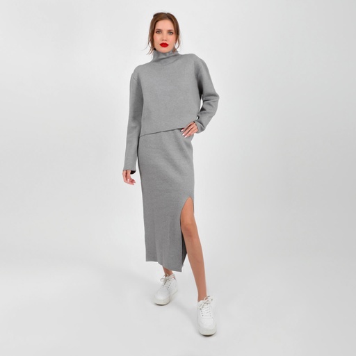 [05-010-125-001-K025-L] Ensemble femme pull et jupe avec fente en grosse maille (Gris Chiné, L)