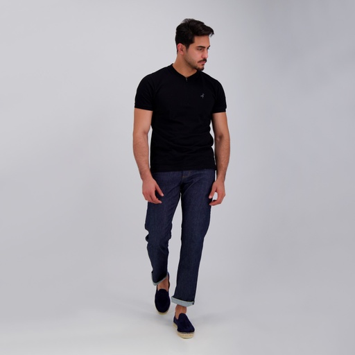 [05-010-15-060-K040-L] Polo col mao zippé homme manches courtes avec broderie (Noir, L)