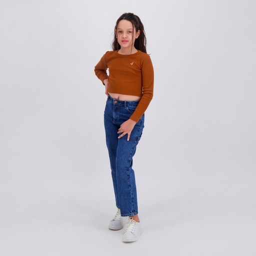 [05-010-02-556-K669-10/12A] T-shirt crop fille manches longues avec broderie (Camel, 10/12A)