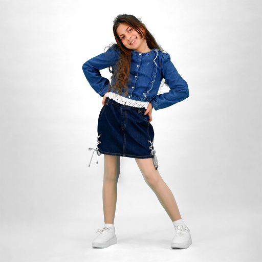 [01-010-21-020-K490-10-12A] Jupe fille en jeans avec lacets (10/12 A)