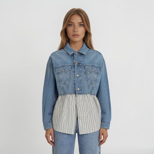 [01-010-10-046-K412-L] Regular jacket femme en jeans Bi-Matière   -KINDA (Jeans Bleu Clair, L)