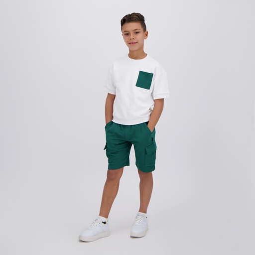 [05-010-36-148-K628-10/12A] Sweat garçon manches courtes avec poche plaquée (Blanc &amp; Vert, 10/12A)