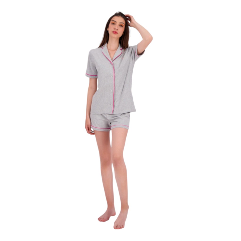 Pyjama chemise et short femme manches courtes avec pipping