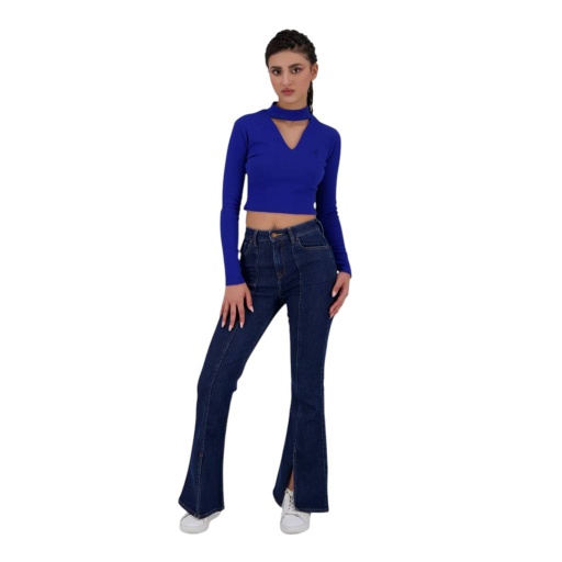 [05-010-02-624-K134-L] T-shirt crop côtelé femme manches longues avec détail cut out (Bleu Roi, L)
