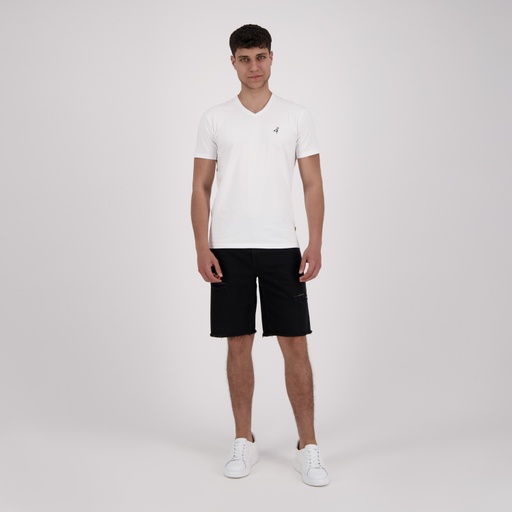 [05-010-02-625-K000-L] T-shirt slim homme manches courtes col v avec  broderie (Blanc, L)