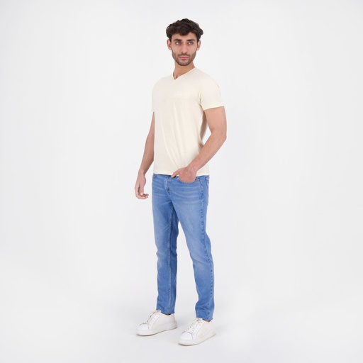 [05-010-02-458-K005-L] T-shirt homme manches courtes col tunisien et poche passepoilée (Beige, L)