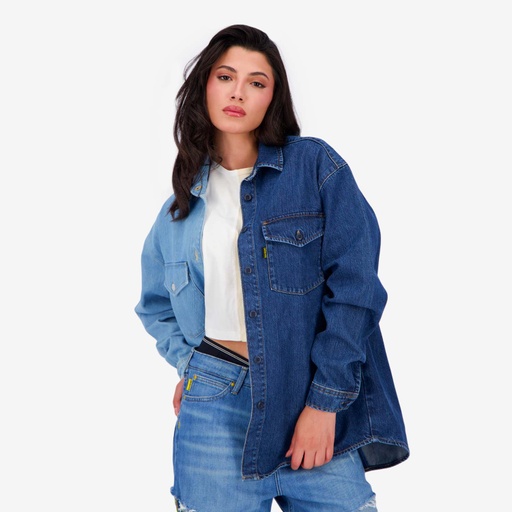 [01-010-09-096-K920-L] Upcycling chemise oversized femme en jeans bi-couleur - SHER V1 (L)
