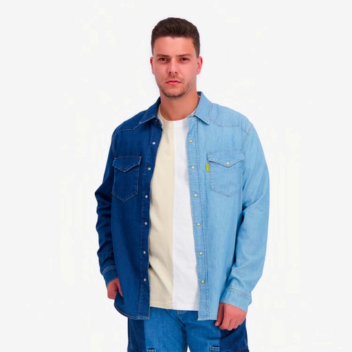 [01-010-09-100-K920-L] Upcycling chemise western homme en jeans bi-couleur - SHEMS V1 (L)
