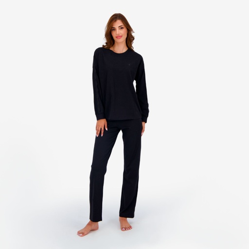 [05-010-16-150-K040-L] Pyjama femme manches longues avec détail dentelle (Noir/Noir, L)