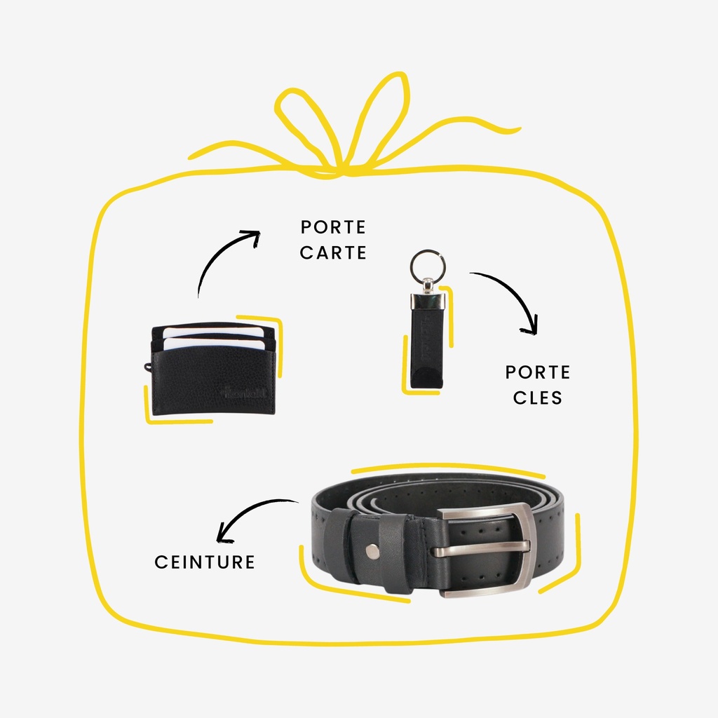 Pack cadeau porte carte, ceinture &amp; porte clés