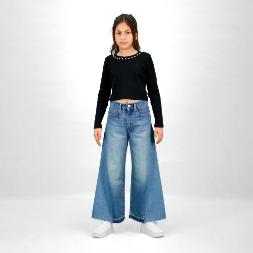 [05-010-02-830-K040-10/12A] T-shirt crop fille manches longues avec perles (Noir, 10/12A)