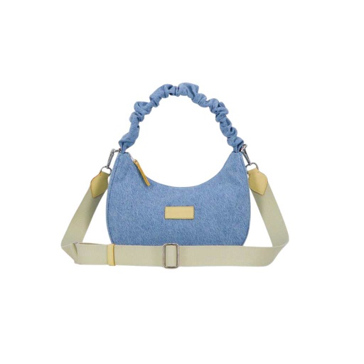 Sac demi lune scrunchie femme en jeans et cuir - Blanc